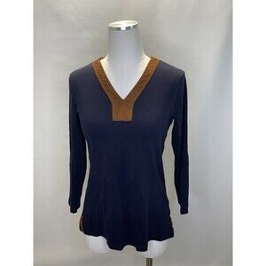Lauren Ralph Lauren Women’s S V Neck Faux Suede Trim Casual 3/4 Sleeve Tunic Top